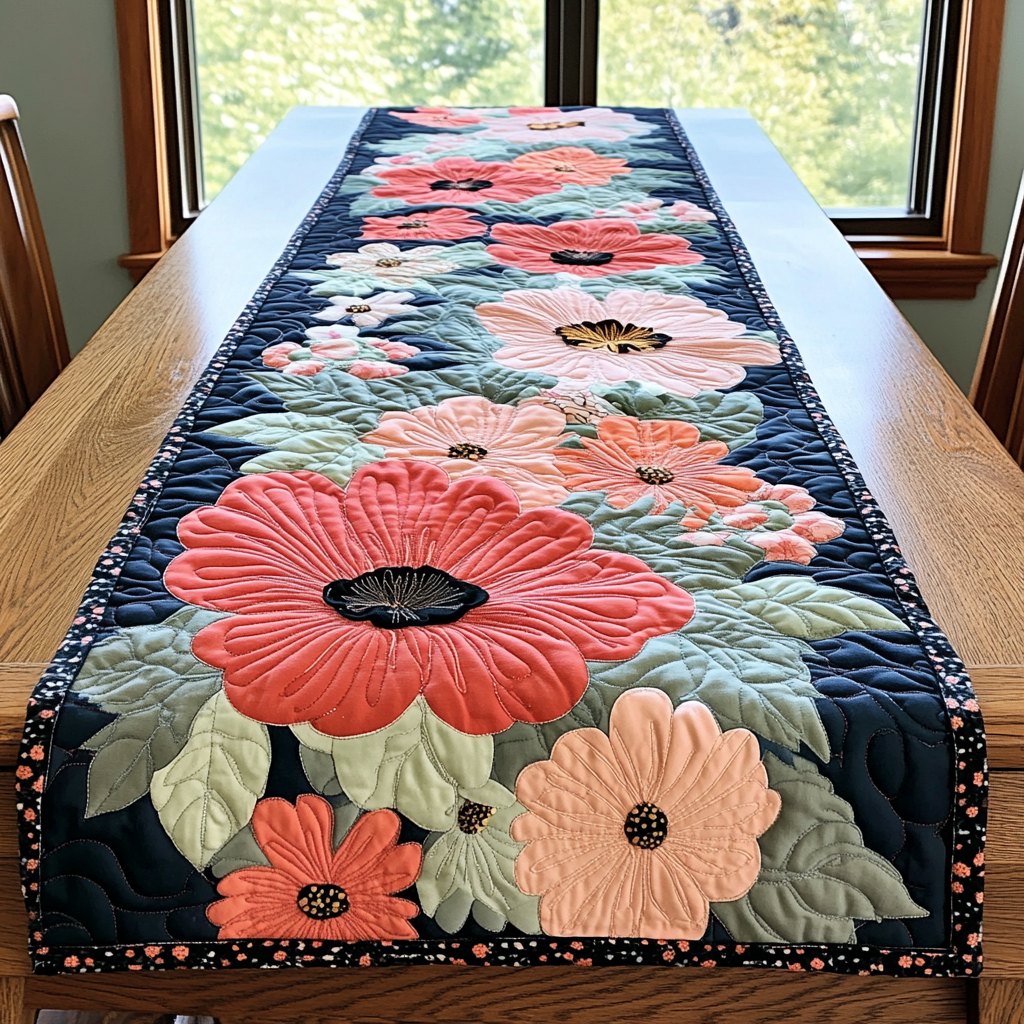 Pink and Peach Poppies on Navy Table Runner