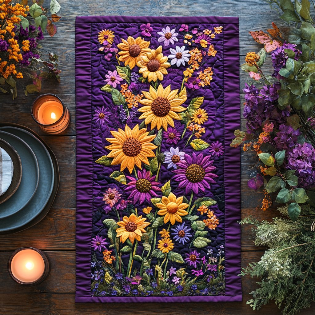 Sunflowers on Purple Panel Table Runner