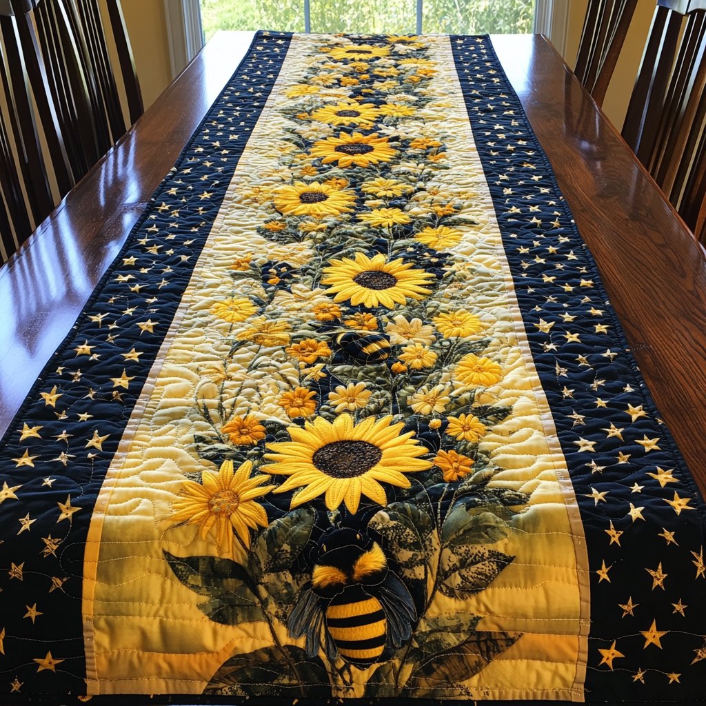 Sunflowers and Bee on Starry Blue Table Runner