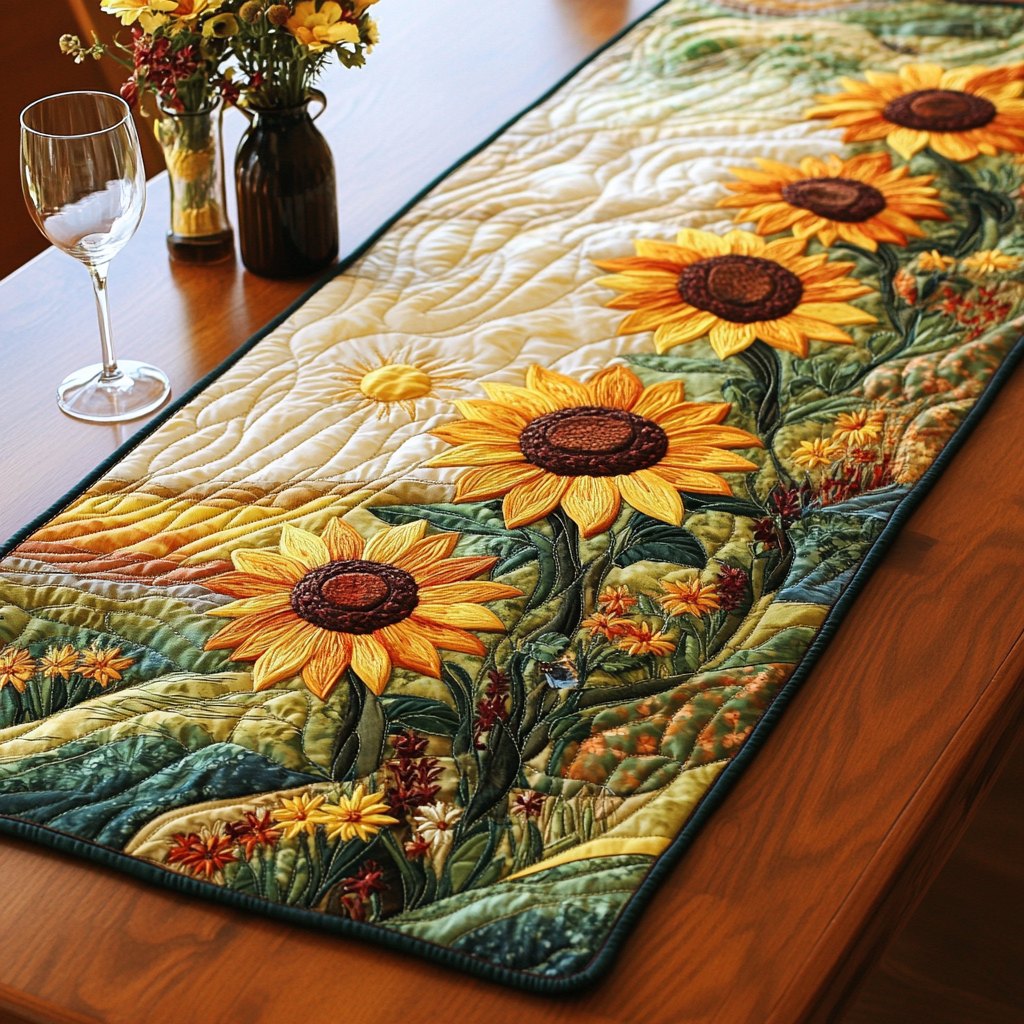 Sunflower Field with Green Leaves Table Runner