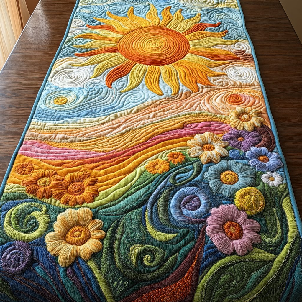 Swirling Folk Flowers in Rainbow Colors Table Runner