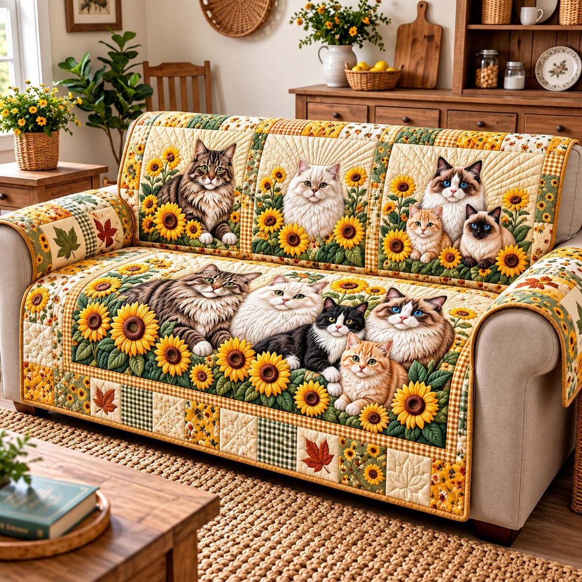 Sunflower Farmhouse Cats Sofa Cover