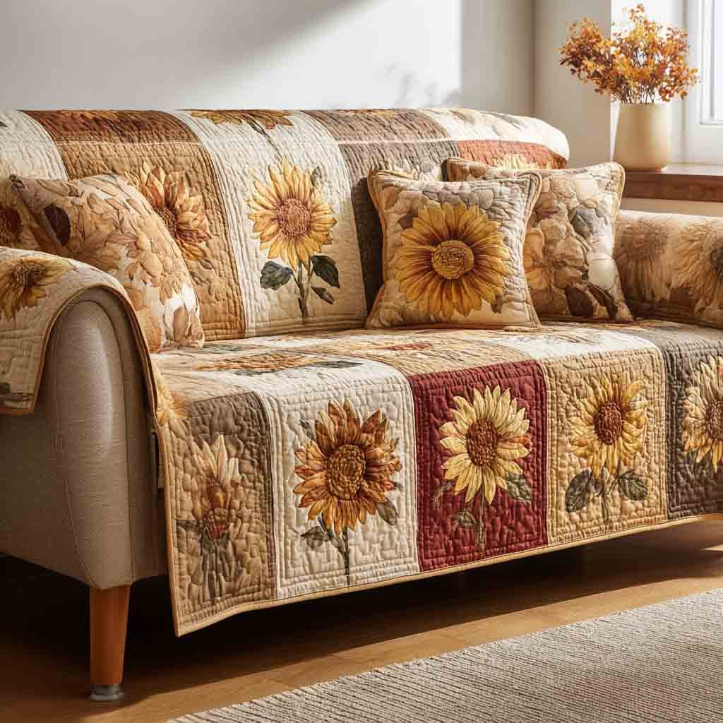 Muted Sunflowers on Tan Blocks Sofa Cover