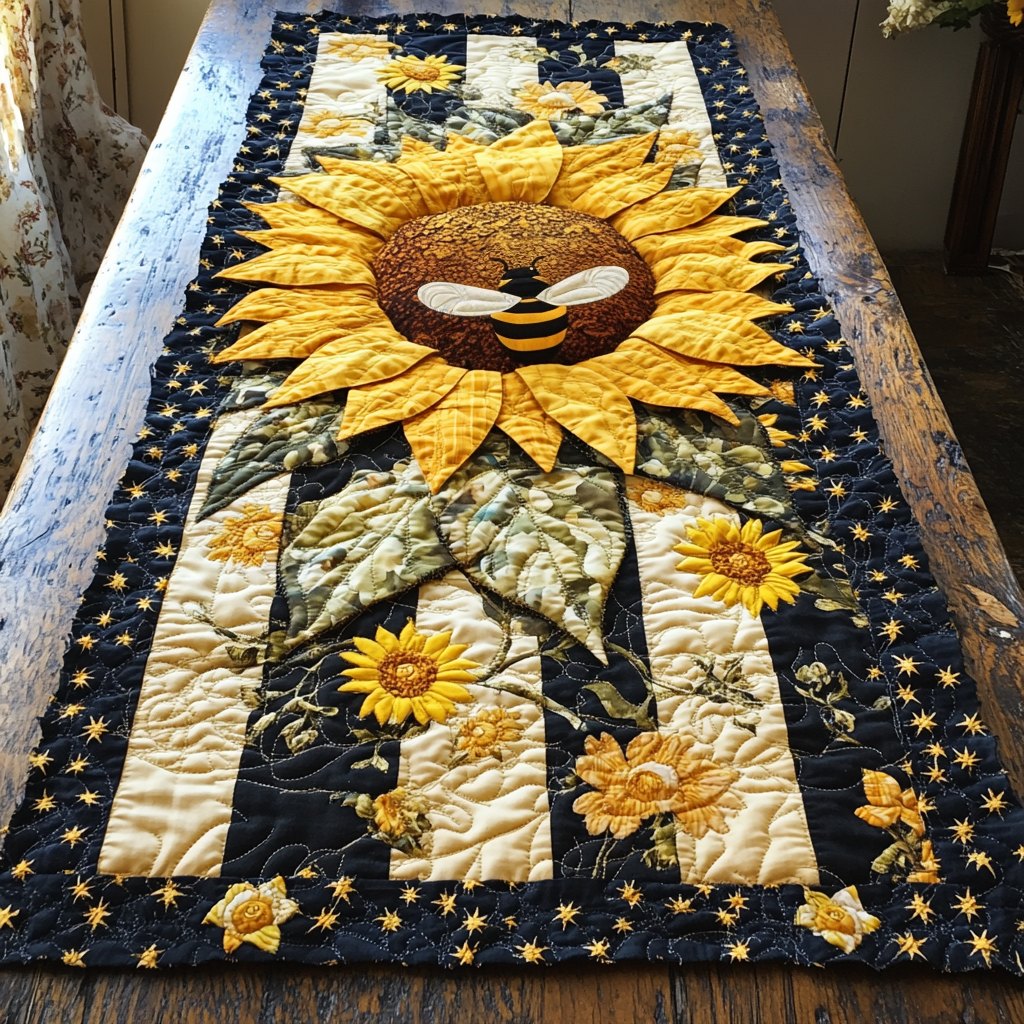 Sunflower with Bee on Navy Table Runner