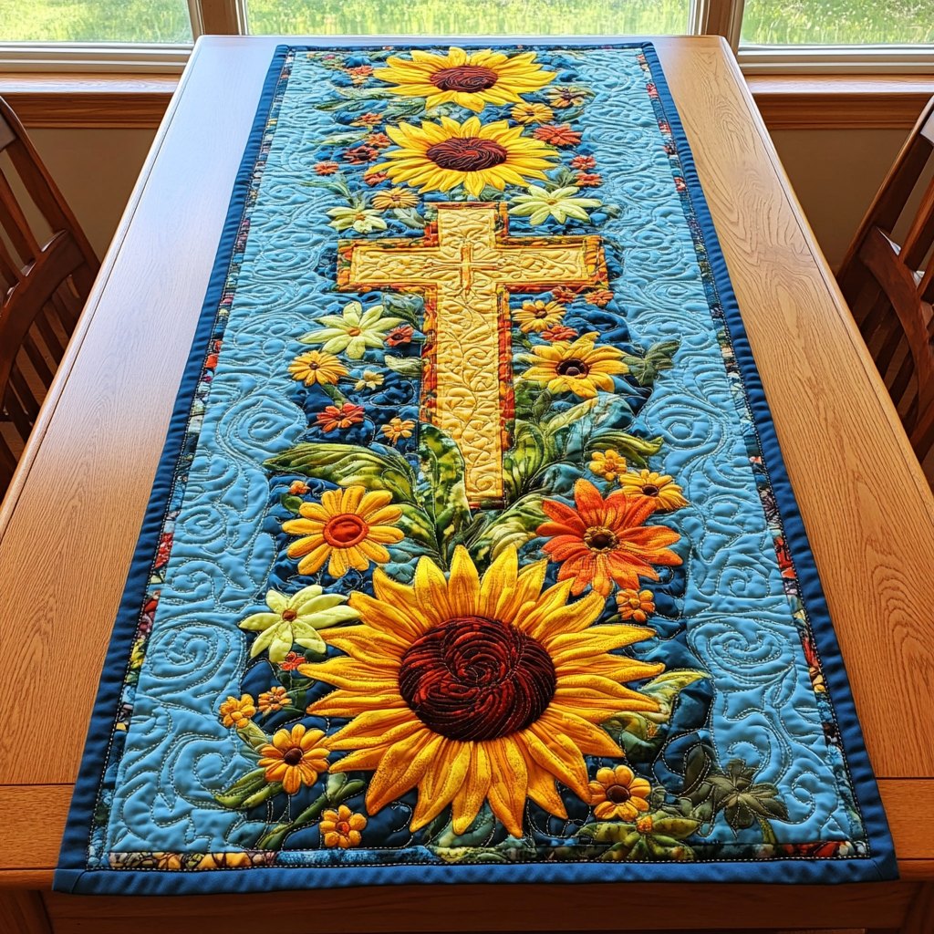 Cross with Sunflowers on Blue Table Runner