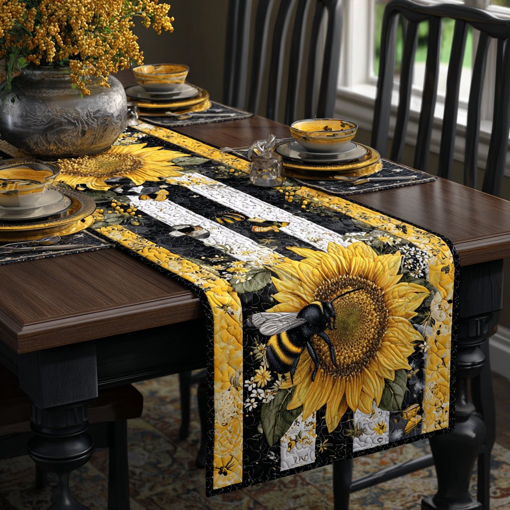 Sunflowers with Bee on Black and White Table Runner