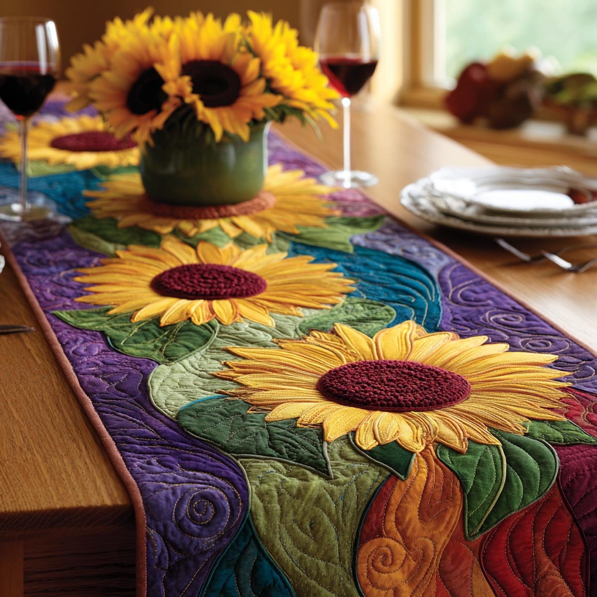 Sunflower on Purple and Teal Table Runner