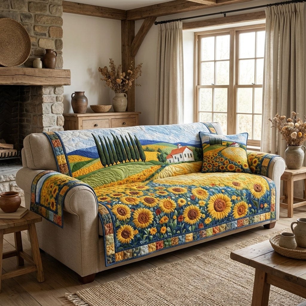 Sunflower Rows on Green Fields Sofa Cover