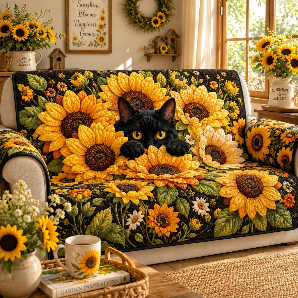 Black Cat Peeking Through Sunflowers Sofa Cover
