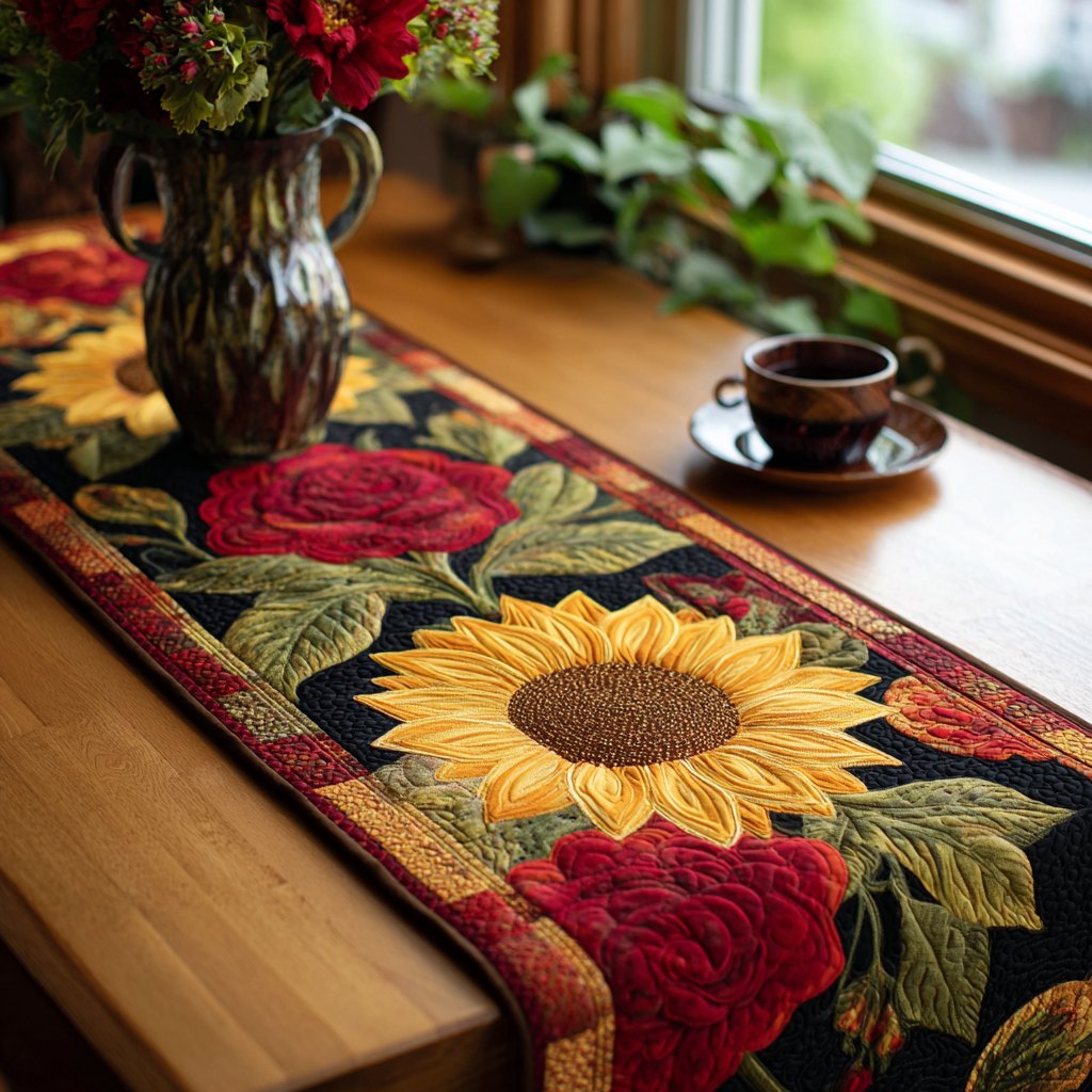 Sunflower with Roses on Dark Border Table Runner