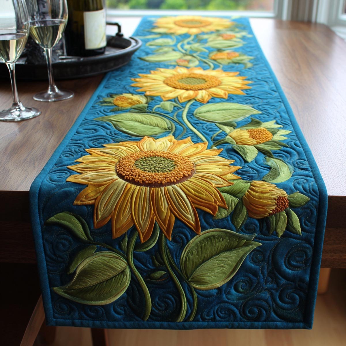 Sunflowers on Swirling Blue Table Runner