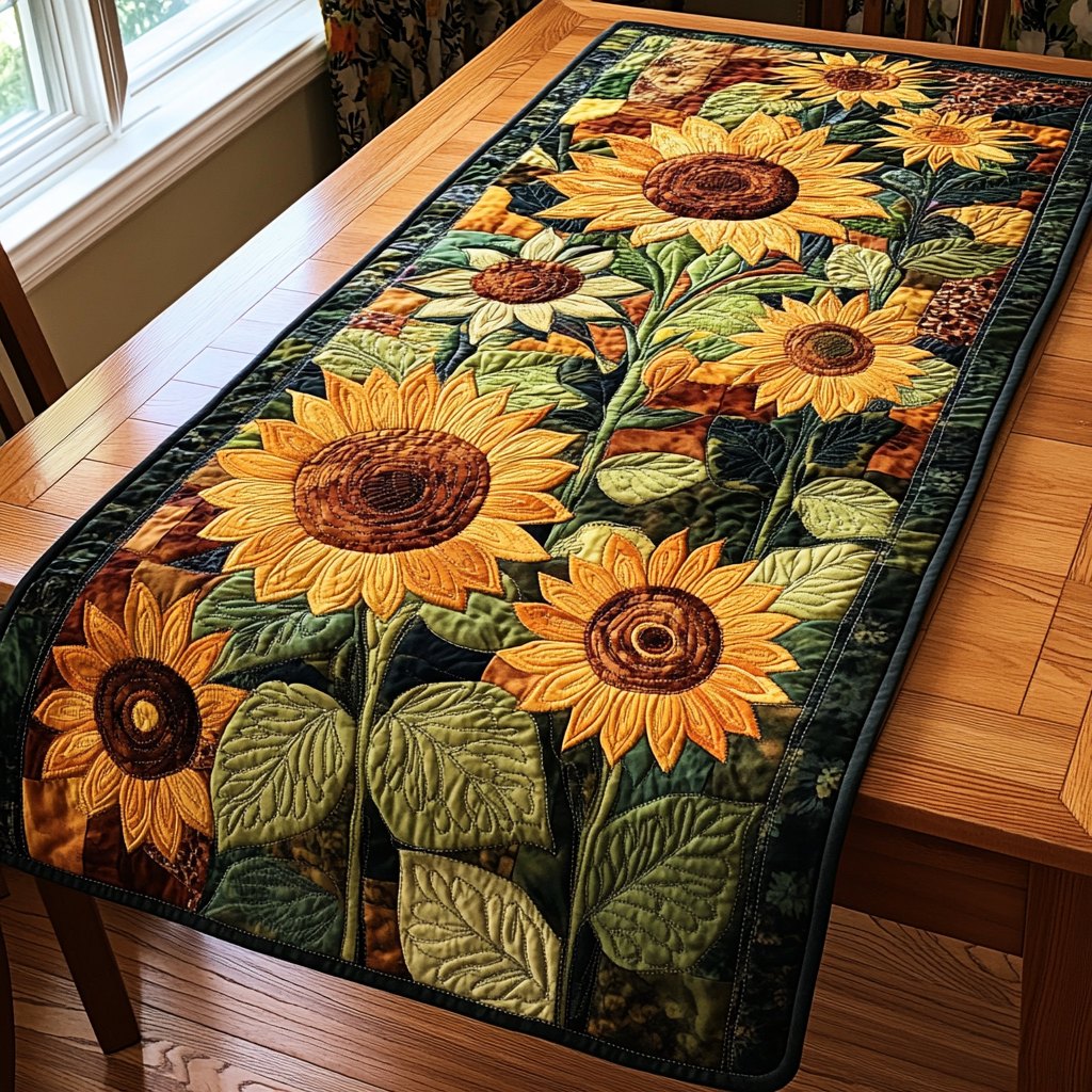 Sunflowers on Green with Leaves Table Runner