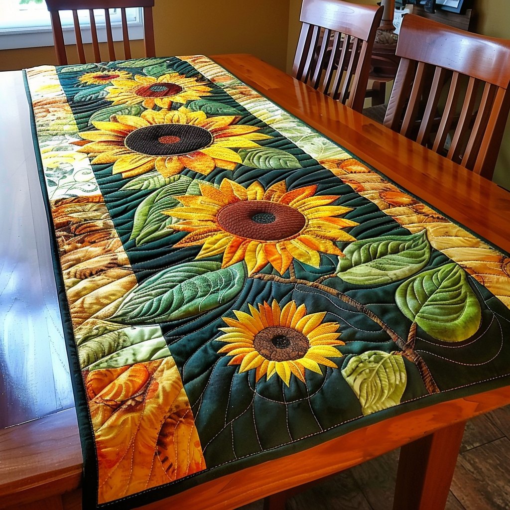 Sunflowers with Green Leaves on Gold Table Runner