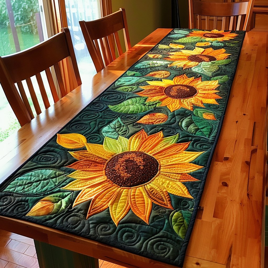 Sunflowers Garden Sunflowers on Dark Green Ground Table Runner