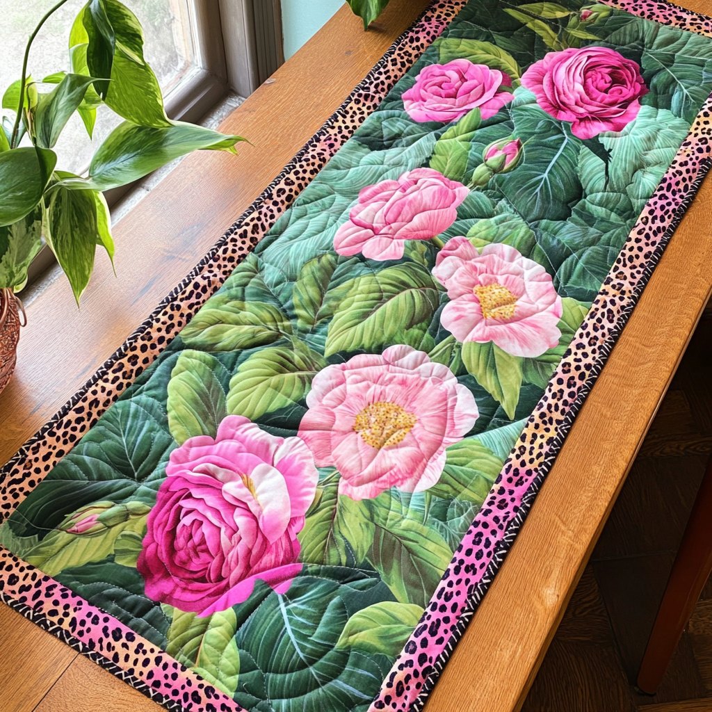 Pink Roses with Leopard Border Table Runner
