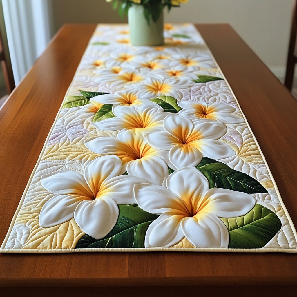 White Plumeria on Gold Table Runner