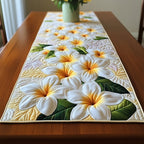 White Plumeria on Gold Table Runner
