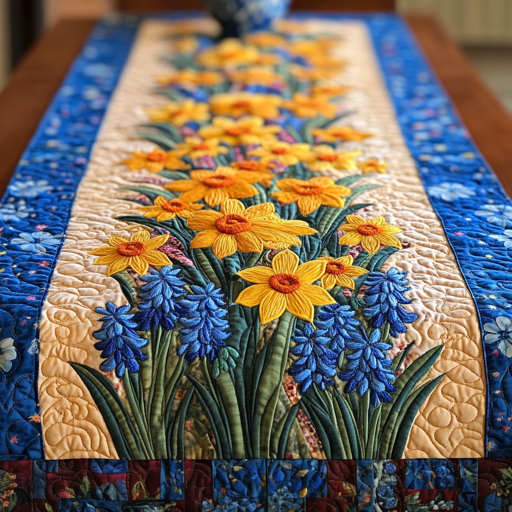 Sunflowers with Blue Bell Flowers Table Runner