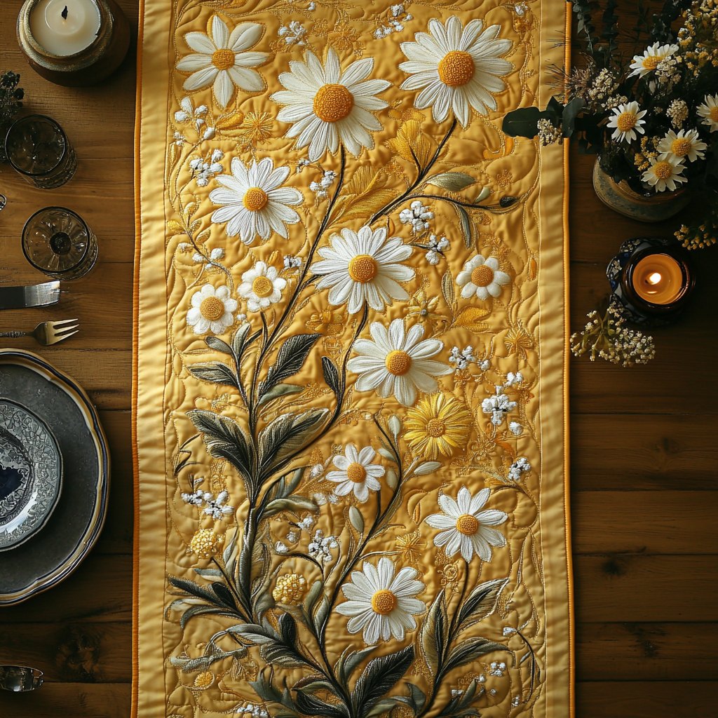 White Daisies on Gold Panel Table Runner