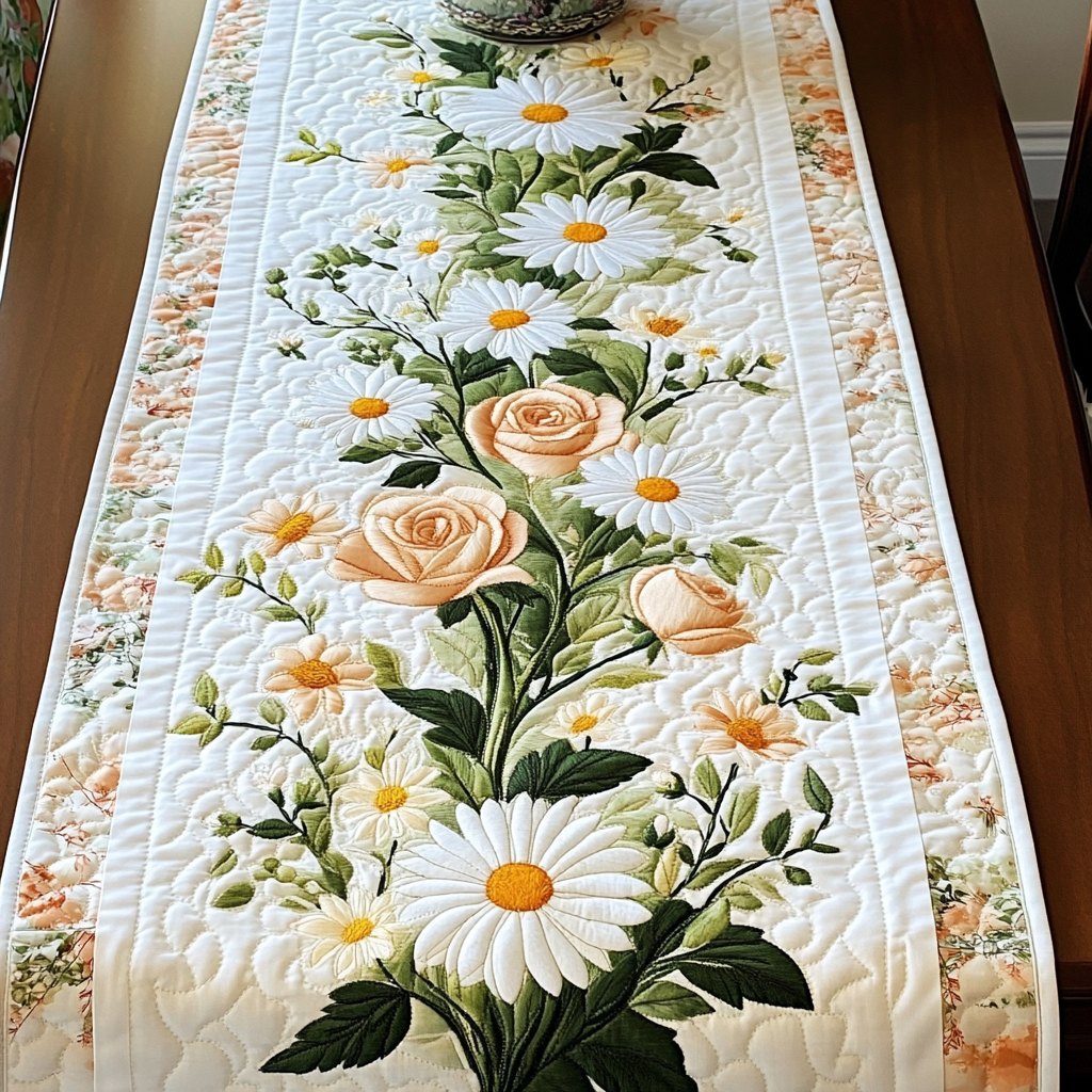 Daisies and Pink Roses on White Table Runner