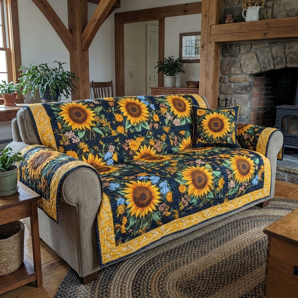 Sunflowers on Navy Quilt Sofa Cover