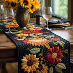 Sunflowers and Red Blooms on Navy Table Runner