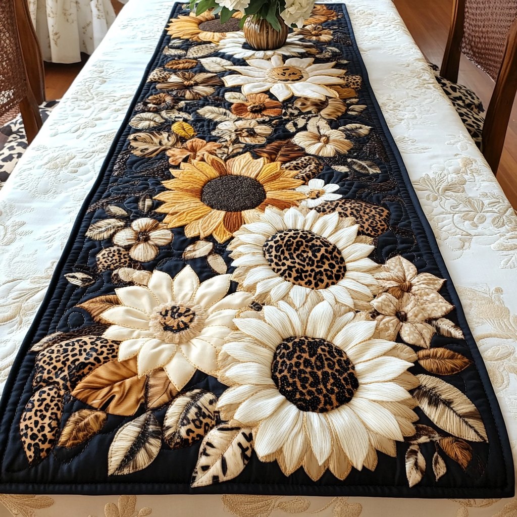 Cream Sunflower with Leopard on Black Table Runner