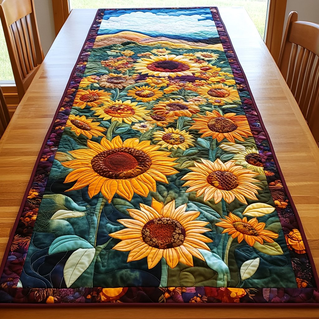 Sunflowers on Teal Blue Ground Table Runner