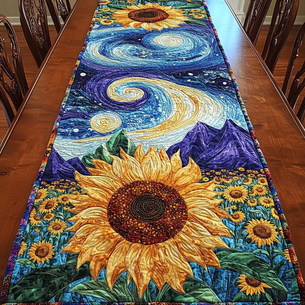 Sunflowers Under a Swirling Night Sky Table Runner