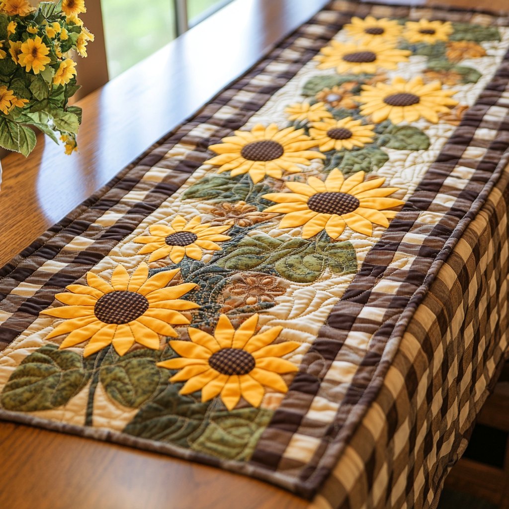 Sunflowers on Gingham Plaid Table Runner