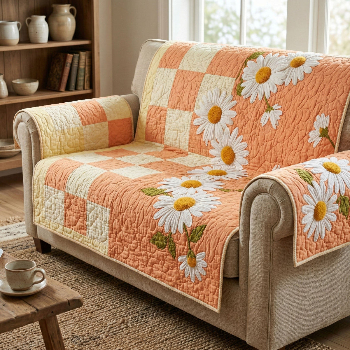 Daisies on Peach Patchwork Sofa Cover