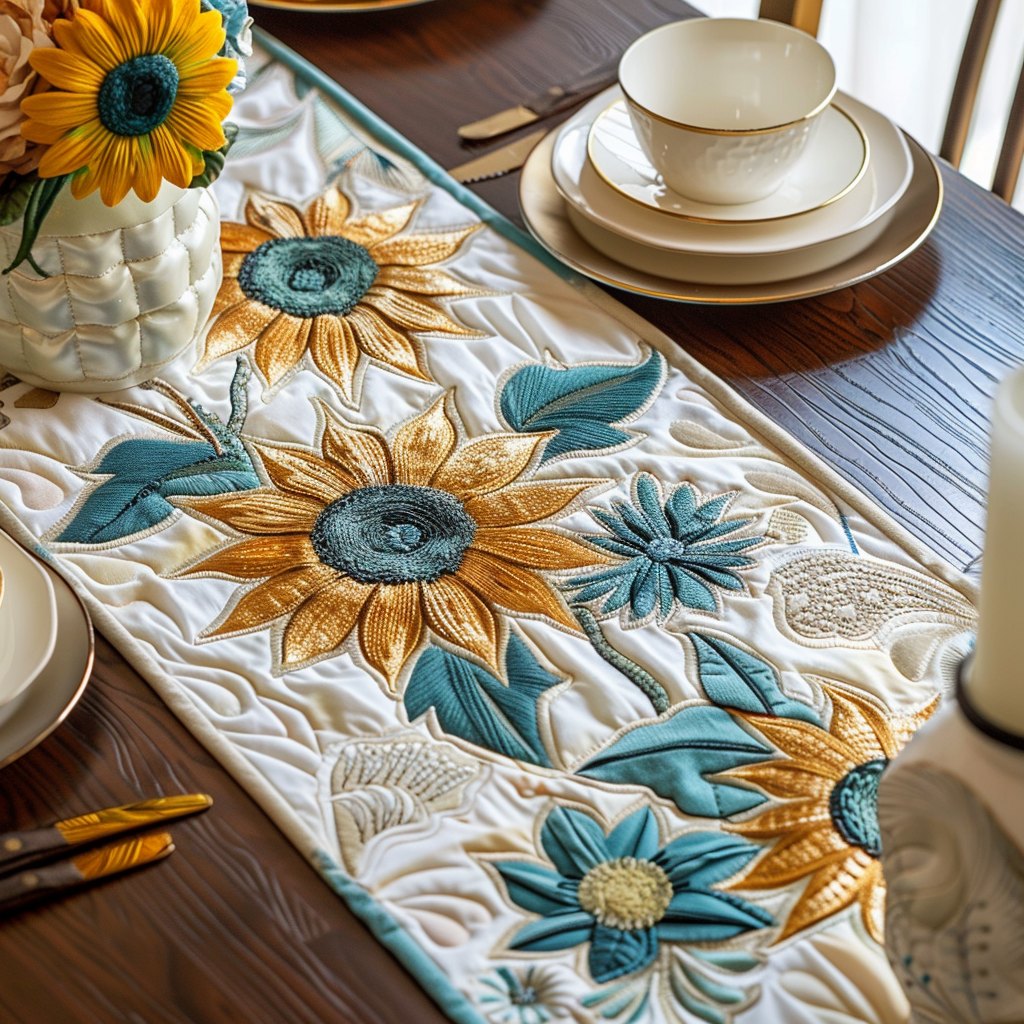 Teal and Cream Sunflowers Table Runner