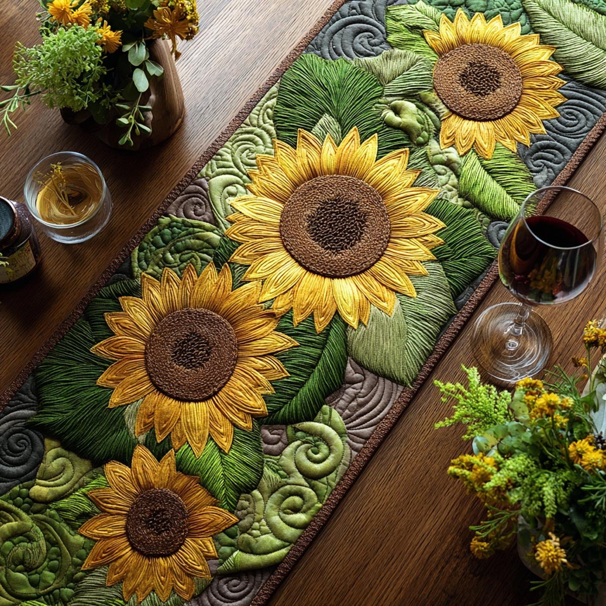 Sunflowers on Green Swirls Table Runner