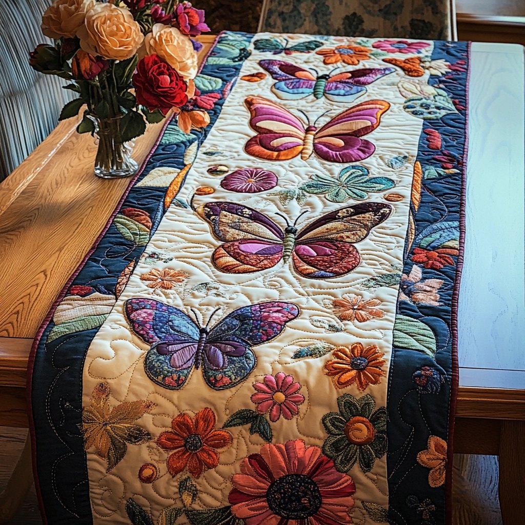 Butterflies with Flowers on Ivory Table Runner