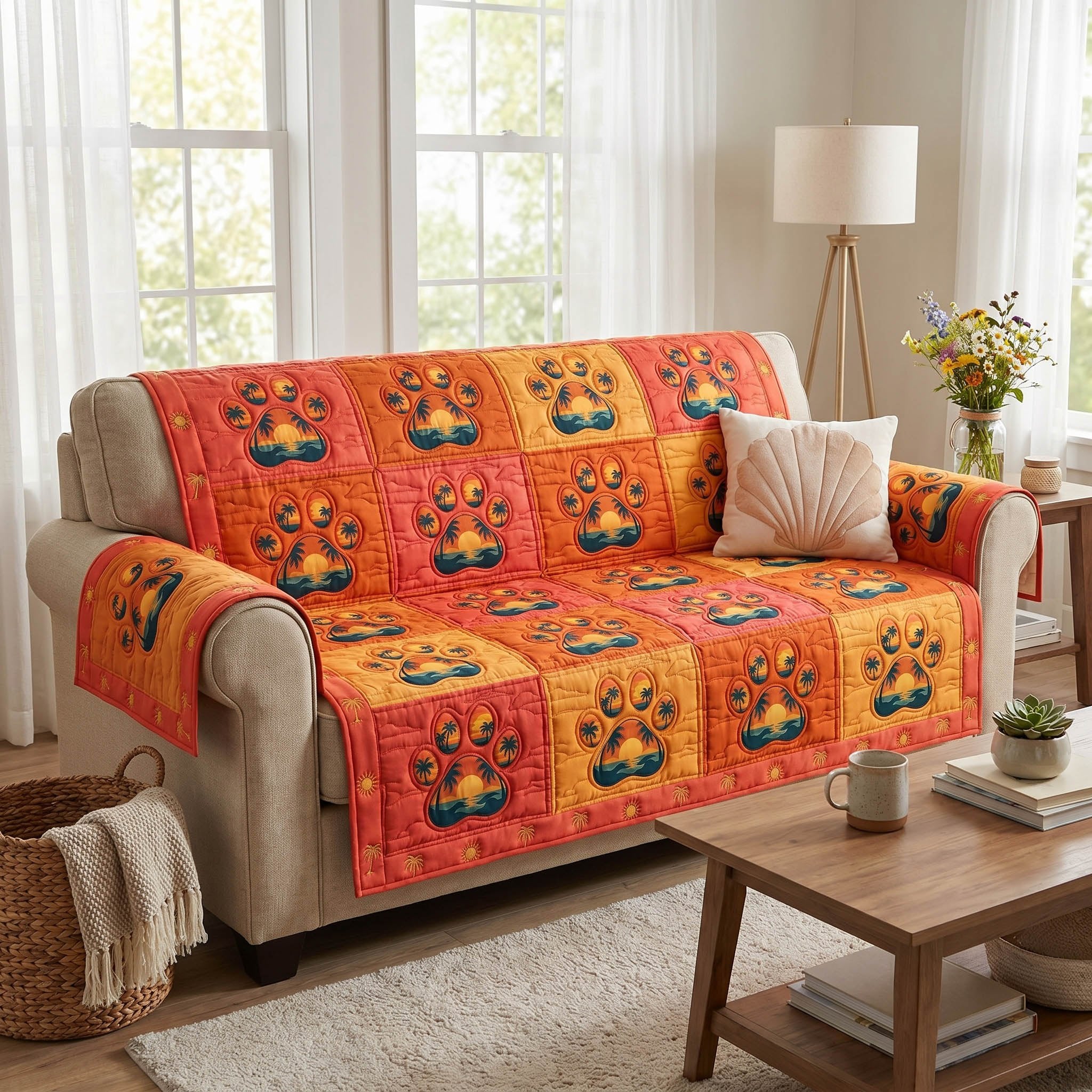 Paw Prints on Burnt Orange Blocks Sofa Cover