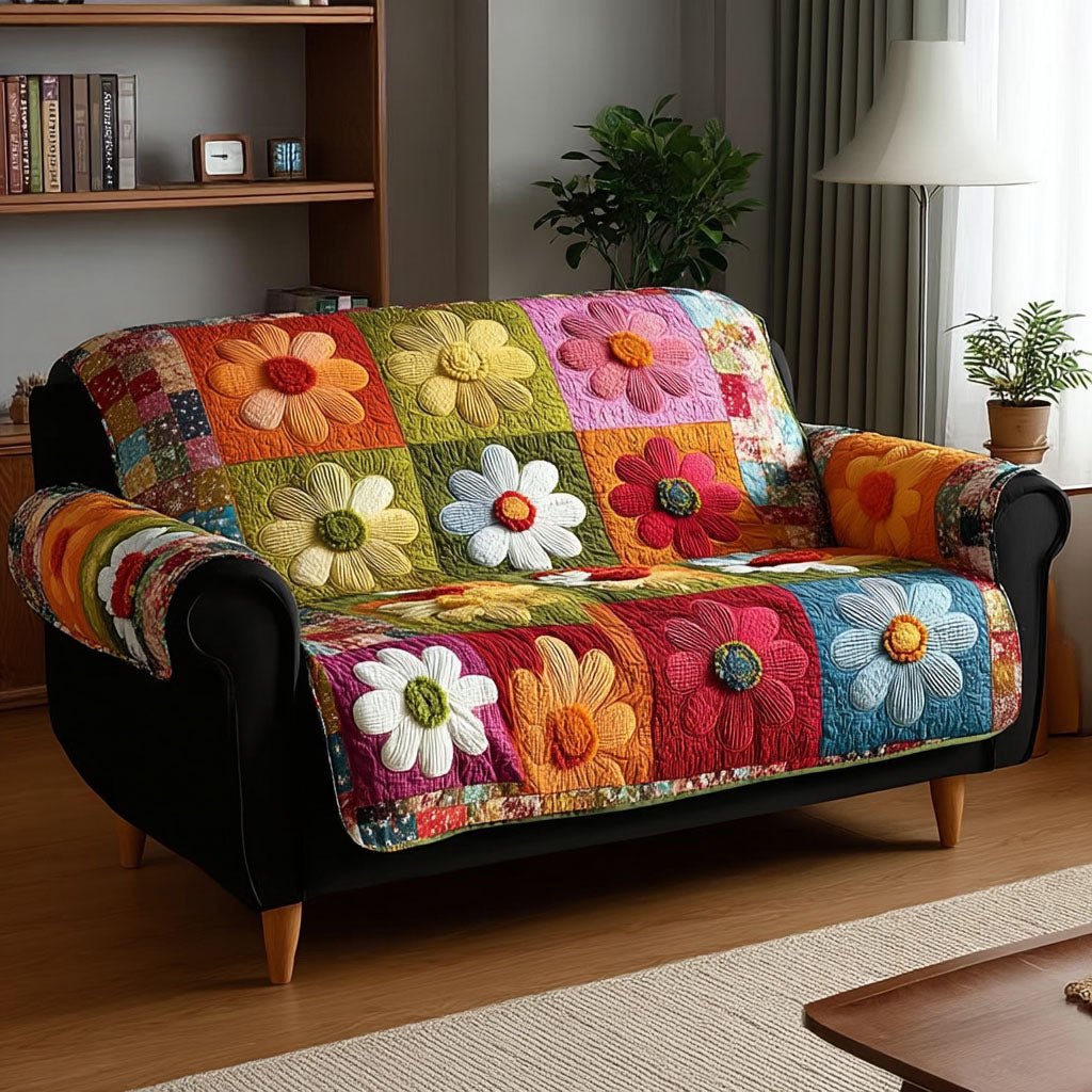 Bold Blooms on Bright Squares Sofa Cover