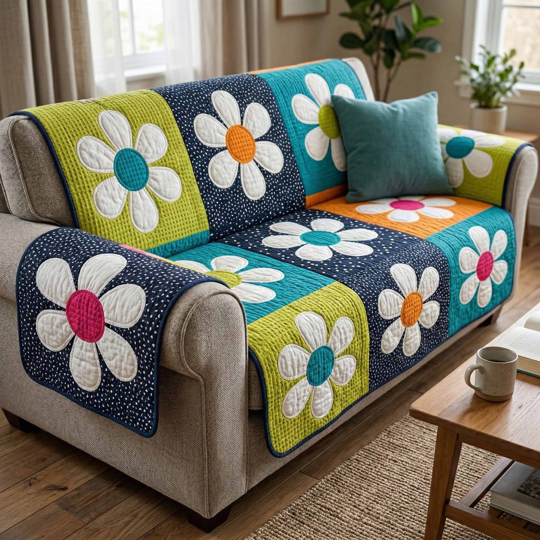 Daisies on Blue and Teal Squares Sofa Cover
