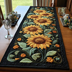 Sunflowers on Black with Leaves Table Runner