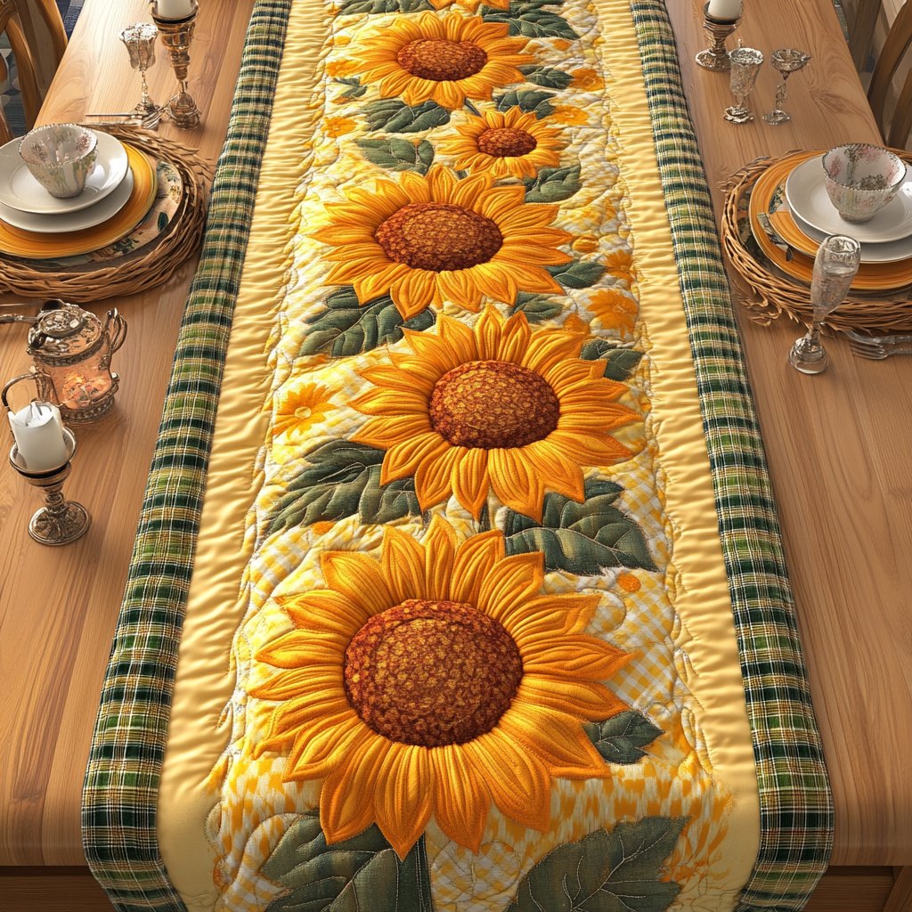 Sunflowers on Green Plaid Table Runner