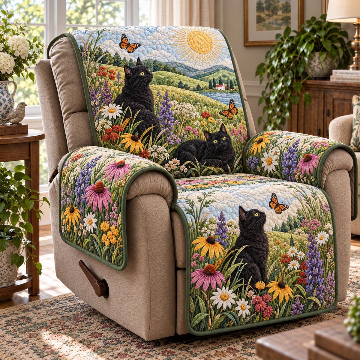 Sunny Wildflower Black Cat Sofa Cover