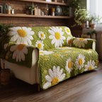 White Daisies on Green Quilt Sofa Cover
