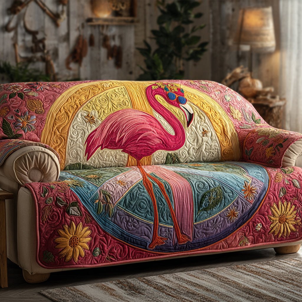 Flamingo on Pink and Teal Quilt Sofa Cover