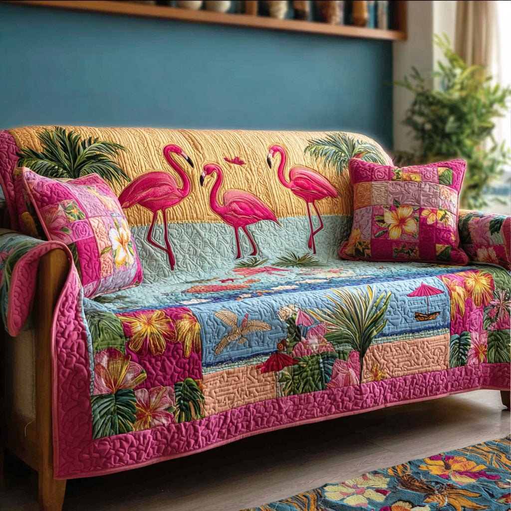 Flamingos on Pink with Palm Leaves Sofa Cover