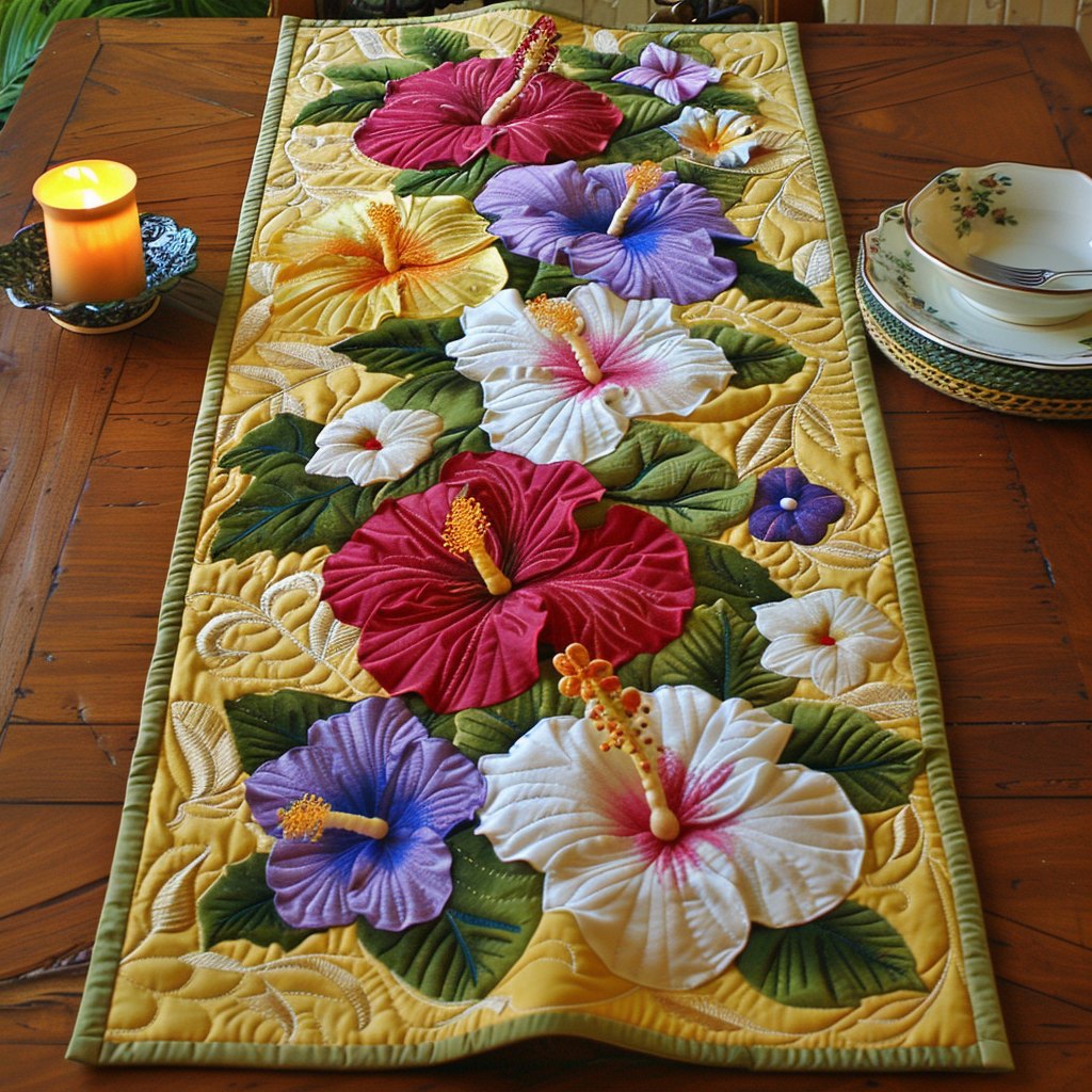 Hibiscus Blooms on Yellow Table Runner