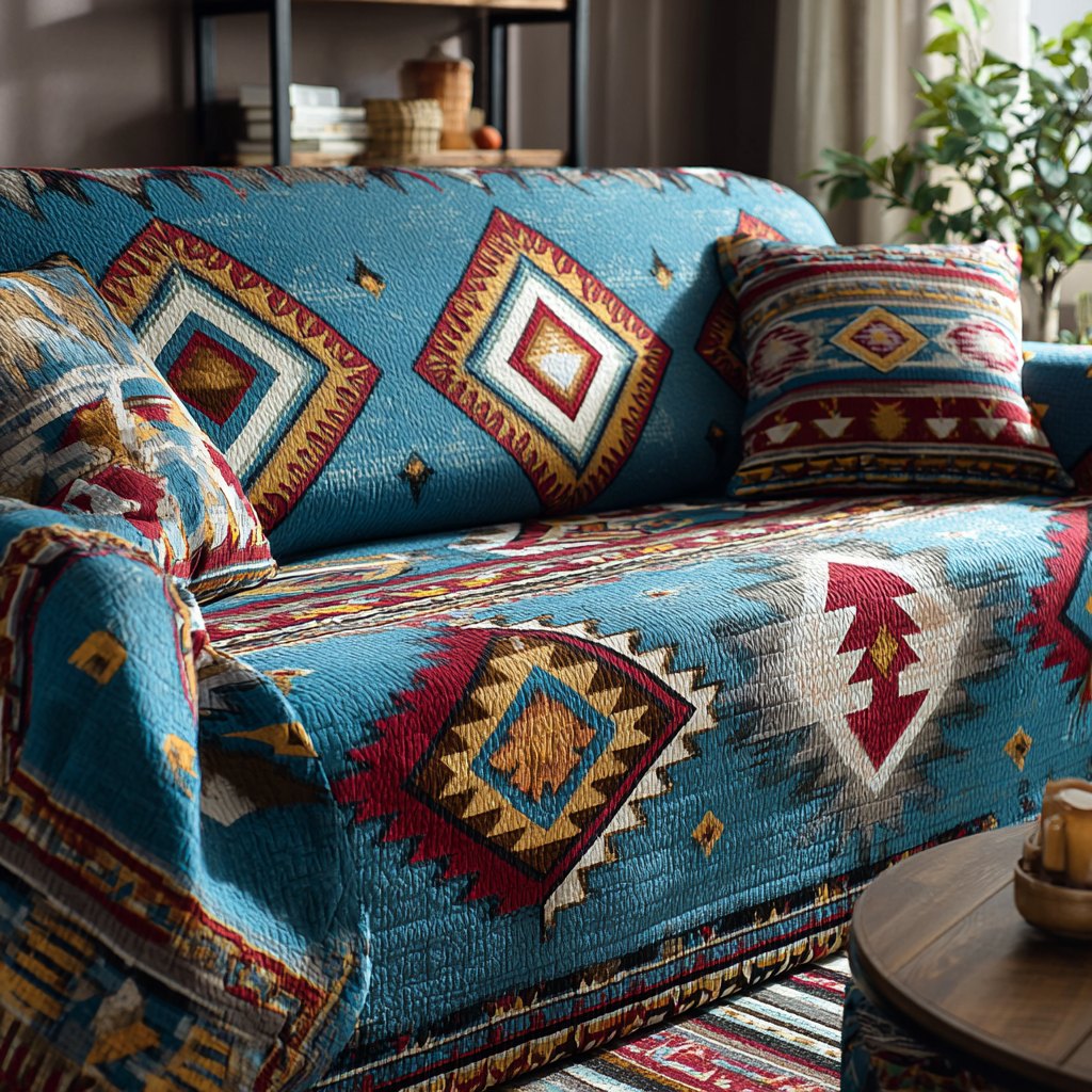 Southwest Pattern in Teal and Red Sofa Cover