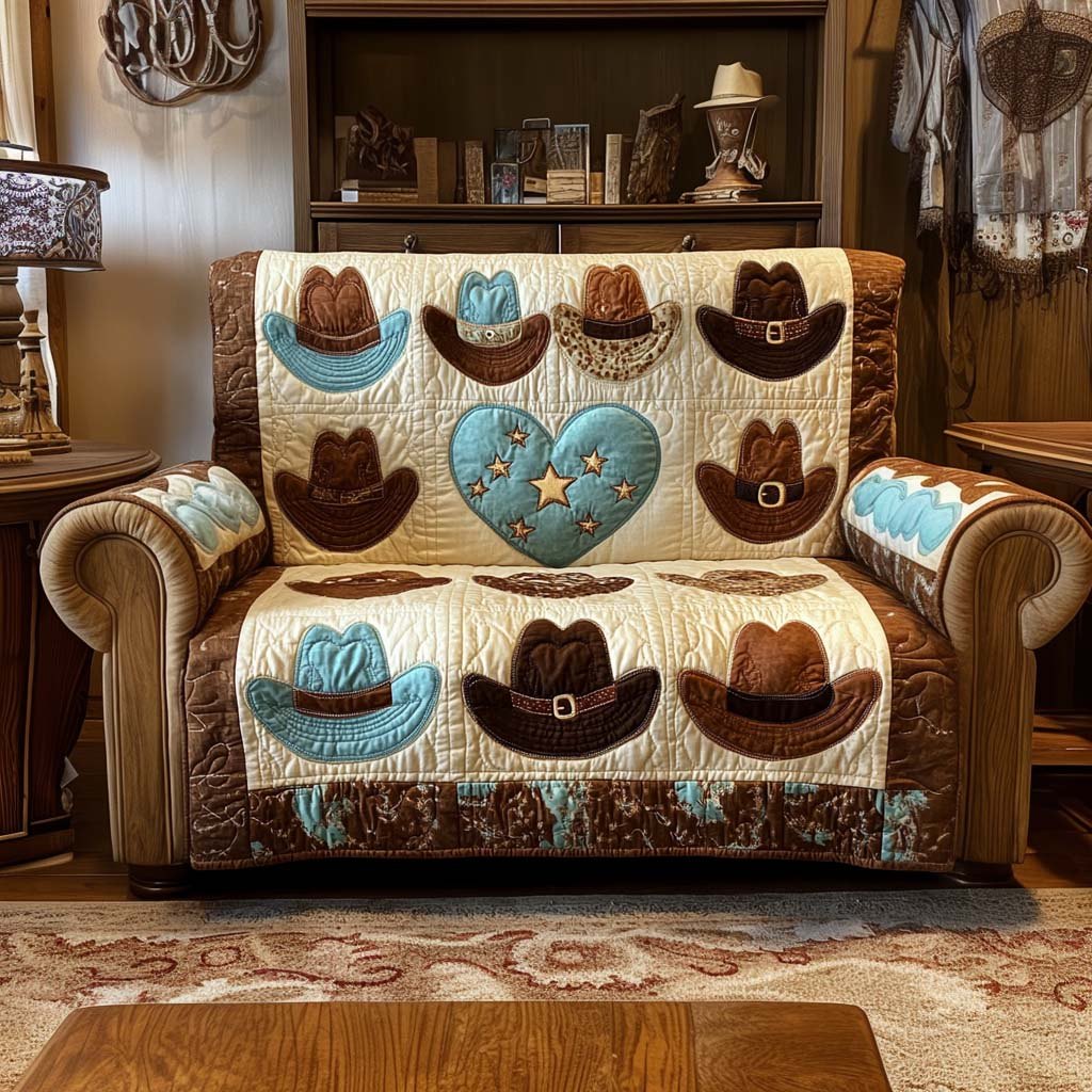 Cowboy Hats and Hearts on Cream Sofa Cover