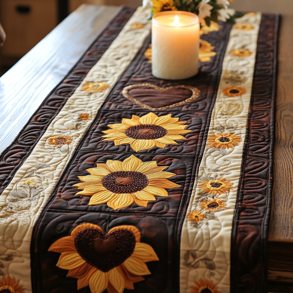 Sunflower Hearts on Brown Table Runner