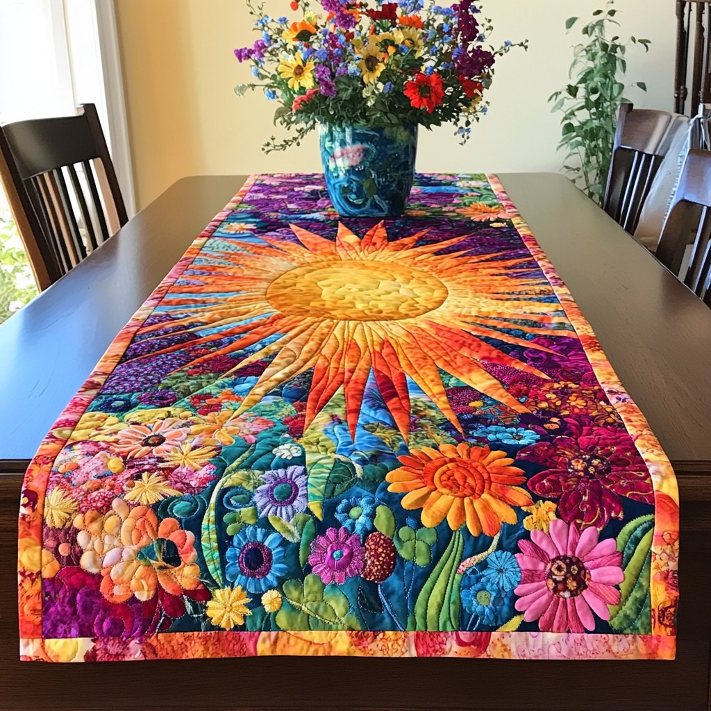 Sunburst with Bright Garden Flowers Table Runner