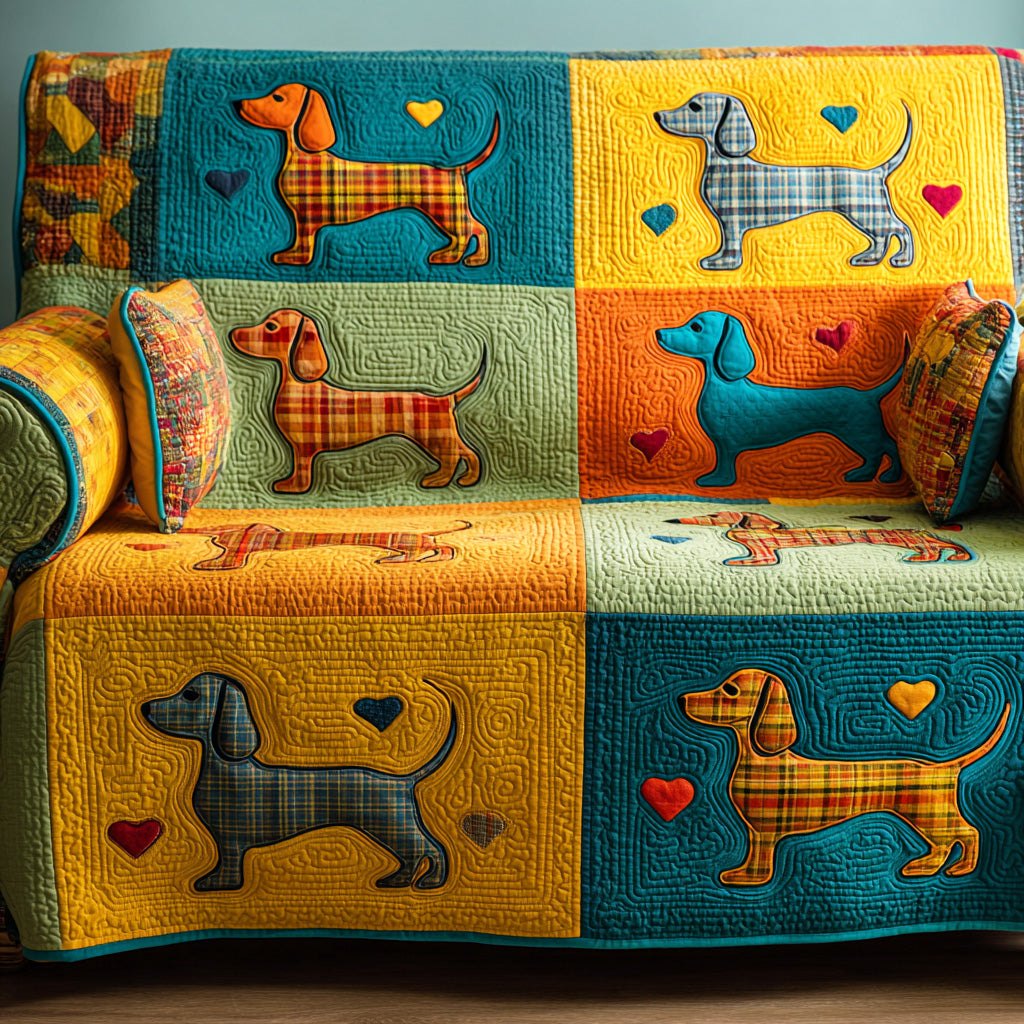 Dachshunds on Bright Color Squares Sofa Cover