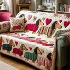 Dachshunds with Hearts on Cream Sofa Cover